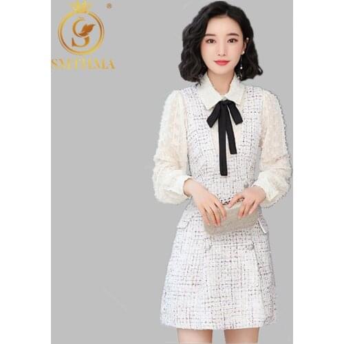 SMTHMA New Autumn And Winter Two Piece Dress Set Women Long sleeve Bow Shirt And Tweed Dress Suit Casual Dress Robe Femme