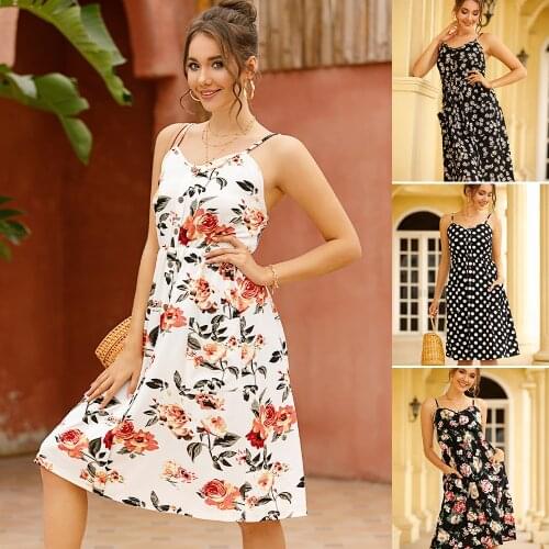 Summer Women Chiffon Print Elastic Show Back Skirt Shoulder-straps A Variety Of Color Matching Simple Comfortable Soft Dresse