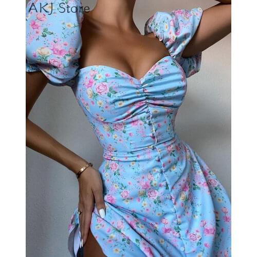 Women Floral Print Puff Sleeve Buttoned Dress