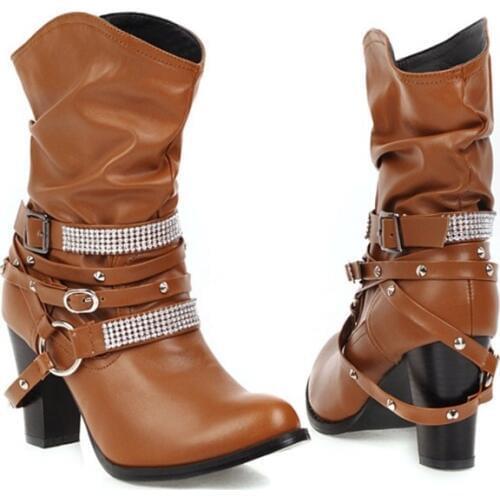 Winter Boots Chunky Heels On Sale Round Toe Buckle Decor Shoes Women Slip On Pleated Mid-Calf Short Boots Thick Suede Warm Shoes