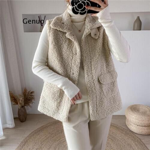 Winter Vest Jackets Lamb Wool Thicken Warm Waistcoat Women Turn Down Collar Hidden Button Pockets Outwear Sleeveless Coat