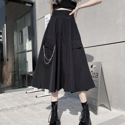 Zoki Gothic Women Midi Skirt Streetwear Club High Waist Black A Line Metal Chain Loose Long Skirt Fashion Korean Mujer Faldas