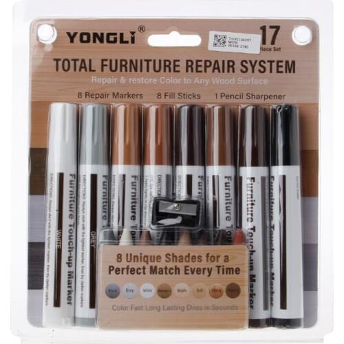 17Pcs Furniture Touch Up Kit Markers & Filler Sticks Wood Scratches Restore Kit Q84D