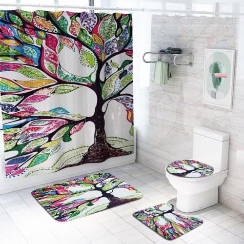 3D Flowers Trees Shower Curtain Sets Toilet Lid Cover And Bath Mat Non-Slip Rugs Waterproof Wholesaler Colorful Bathroom Curtain