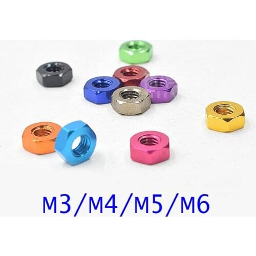 50Pcs M3/M4/M5/M6 Hex Nuts 6061 Aluminum Colorful Hex Nut for DIY RC Quadrocopter Airplane Drone Model