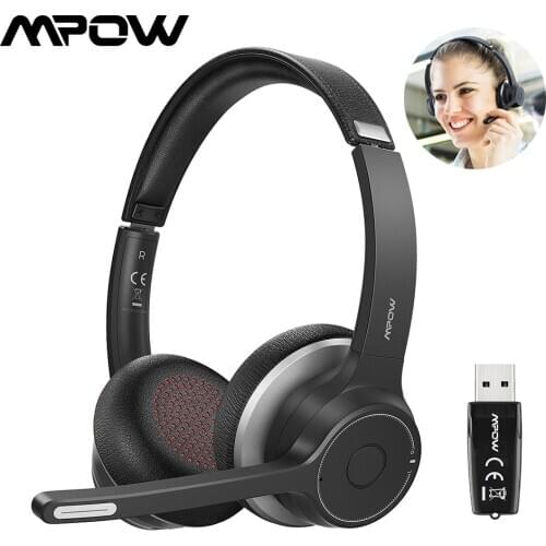 Mpow HC5 Bluetooth Headset with USB Adapter Wireless Headphones with Noise Cancelling Mic 22Hrs Playback for PC Skype Webinar