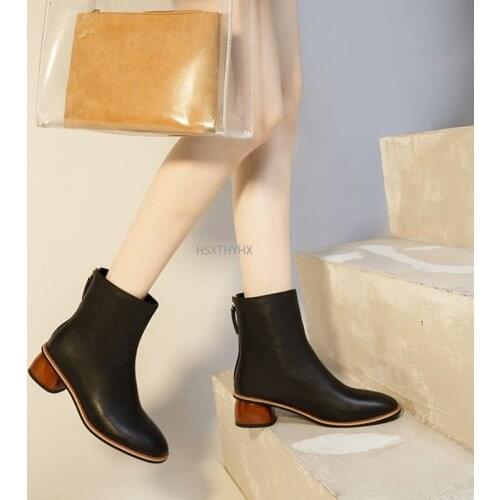 2022 Brand Women Winter Boots Genuine Leather Warm Handmade Fall Sheepskin Square Toe Autumn Ankle Shoes