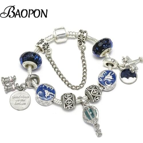 DIY Telescope & Aircraft Charm Bracelets With Safety Chain Crystal Beads Fine Bracelets for Women Fashion Jewelry Gift