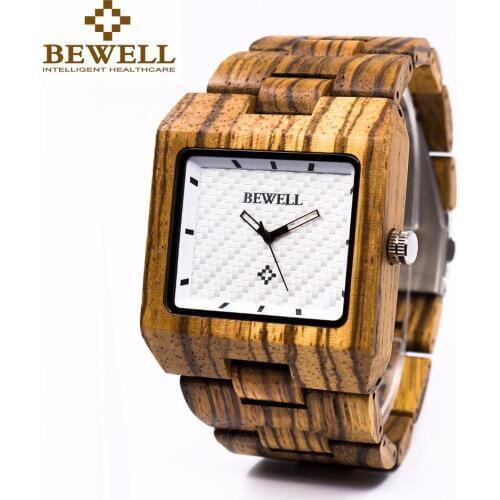 BEWELL Square Dial Mens Wooden Watches Natural Zebra Wood Analog Quartz Wristwatch for Business Men Relogio Masculino 016A