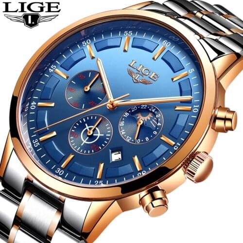LIGE Men Watch Stainless Steel Sport Quartz Watches Luxury Brand Business Waterproof Multi-function Wristwatch Relogio Masculino