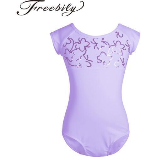 Kids Girls Short Sleeves Ballet Dress Dancewear Sequined Strappy Back Ballet Dance Gymnastics Leotard Jumpsuit SZ 3-12