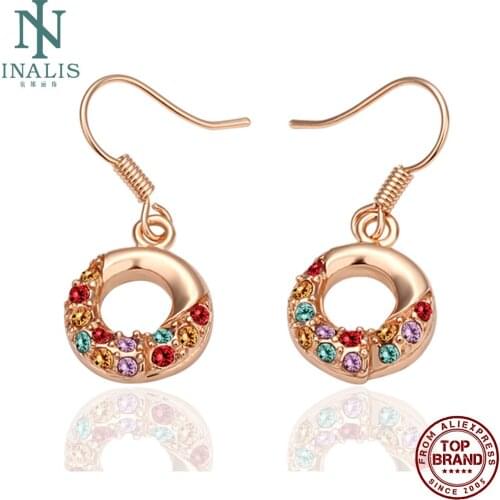 INALIS Round Hollow Drop Earrings For Women Colored Rhinestone Romantic Rose Gold Color Earring Charms Anniversary Jewelry Gift