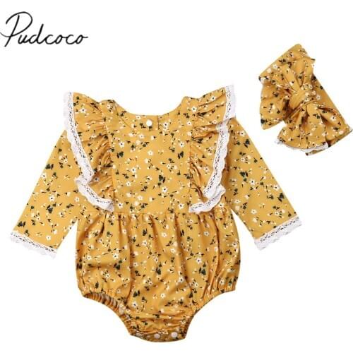 2019 Baby Spring Autumn Clothing Newborn Baby Girl Floral Bodysuit Headband Flower Ruffles Long Sleeve Jumpsuit 2Pcs Outfits Set