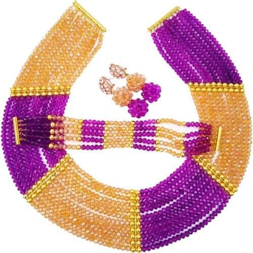Beautiful purple and gold ab crystal bead nigerian necklace african wedding beads costume jewelry set CHK-06