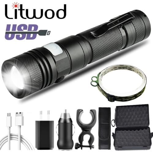 Litwod XM-L2 U3 Led Flashlight USB Rechargeable Torch Adjustable Zoomable Focus 3 Switch Modes Waterproof 18650 Battery Black