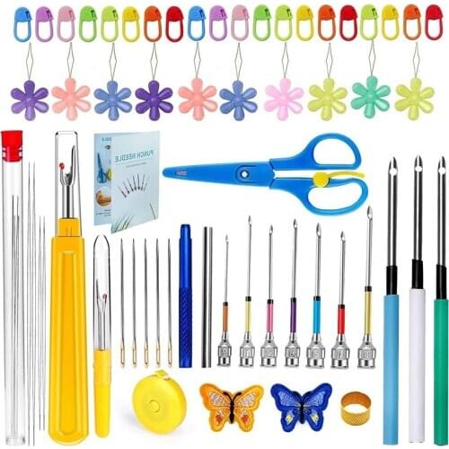 LMDZ 59 Pcs Punch Needle Set, Embroidery Beginner Kit with Punch Needles Sewing Seam Ripper Scissor Measure Tape Needle Threader