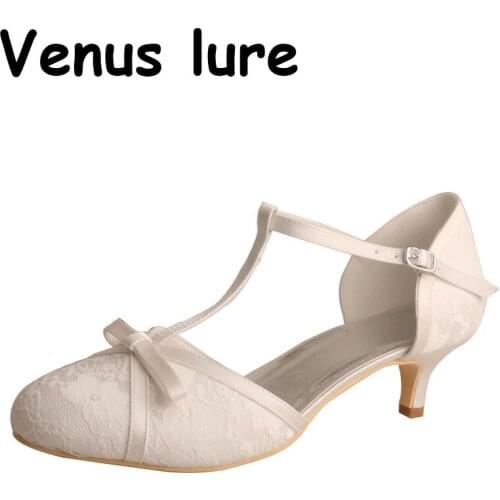 New Arrival Women Shoes Heel 5 cm with Lace White T-strap Round Toe Pumps