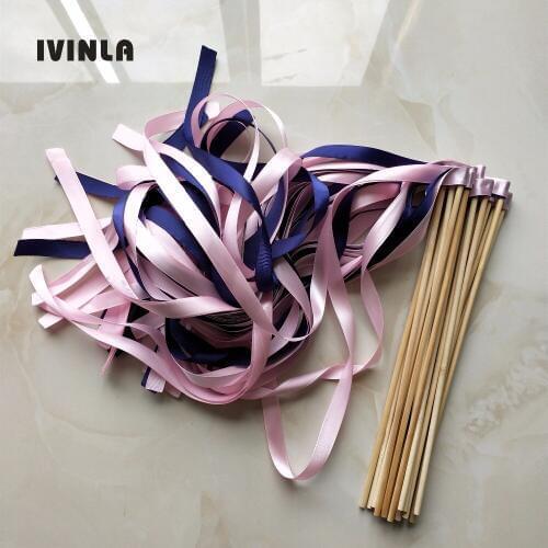 50pcs/lot navy and pink stain Wedding Ribbon Wands stick without Bells for wedding party