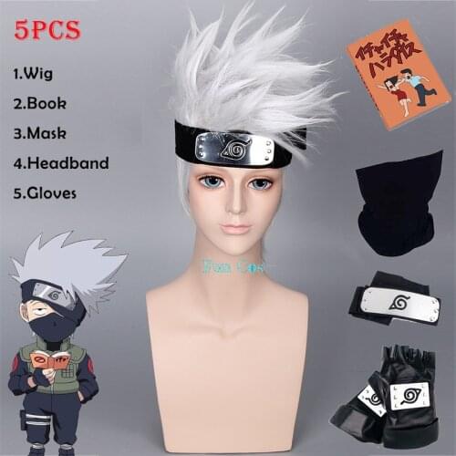 Anime Hatake Kakashi Cosplay Silvery Wig Headband PU Gloves Book Heat-resistant Fiber Hair with Free Wig Cap Halloween Props