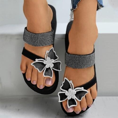 Women Slippers Summer Fashion Ladies Butterfly Rhinestone Flat Bohemian Casual Sandals Breathable Beach Shoes Wedges Slippers
