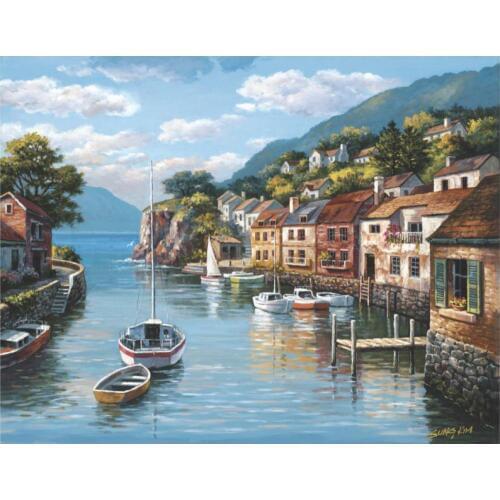 Mediterranean landscape canvas oil paintings Village on the Water for wall art home decor