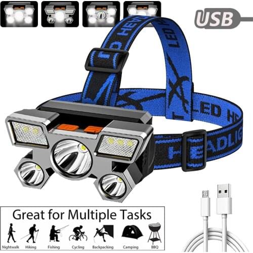 LED Headlamp Strong Light Super Bright Head-Mounted Flashlight Outdoor Rechargeable Night Fishing Headlight 5 Light Sources