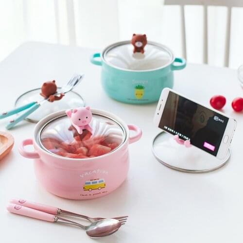 Creative Ceramic Bowl Cartoon Instant Noodles Bowl With Lid Cute Student Job Soup Bowl Fruit Salad Bowl Kitchen Tableware