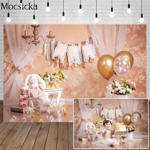 Spring Flowers Child Portrait Backdrop Photography Newborn Baby Shower Balloon Bunny Birthday Cake Smash Background Photo Studio