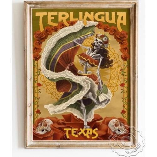 Hershey Woman Making Chocolate Vintage Poster, Day Of The Dead Travel Publicity Prints, Terlingua Skeleton Dancing Wall Picture