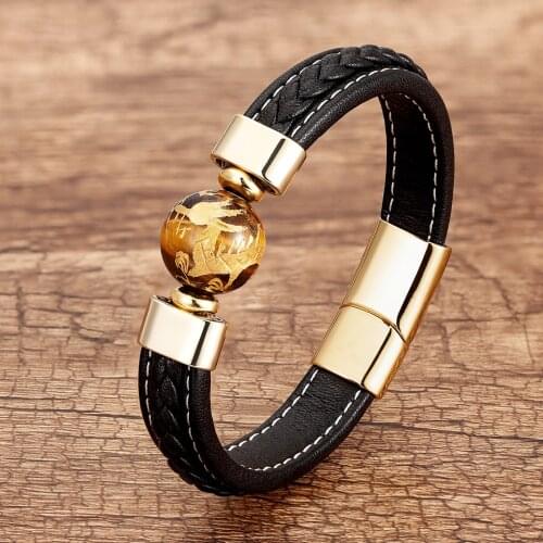 Vintage Dragon Totems Carved Round Stone Bead Bracelet For Men Stainless Steel Magnetic Clasp Charm Jewelry Women Bracelets Gift