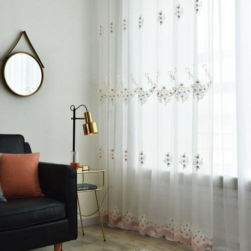 Pastoral Rural Voile Curtains for Bedrooms Embroidered Floral Pink Blue Delicate Lace Bottom Window Drapes Panel wp449C