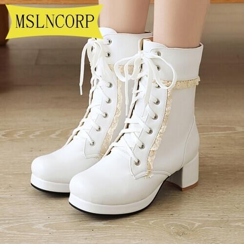 Big Size 34-43 New Ladies Ankle Boots Women Shoes Sweet Lace Lolita Lovely Cosplay Thick Heel High Heels Boots Woman Snow Boots