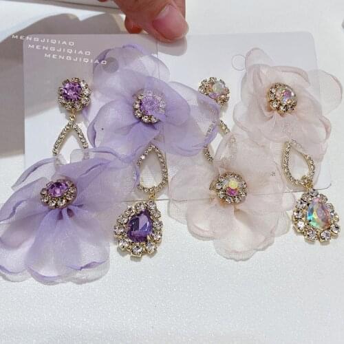 MENGJIQIAO 2021 Elegant Yarn Lace Flower Crystal Drop Earrings For Women Girls Fashion Rhinestone Long Tassel Party Jewelry