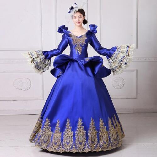 100%real royal blue golden embroidery beading Medieval Renaissance Gown Victorian Gothic Marie Antoinette Colonial Belle Ball