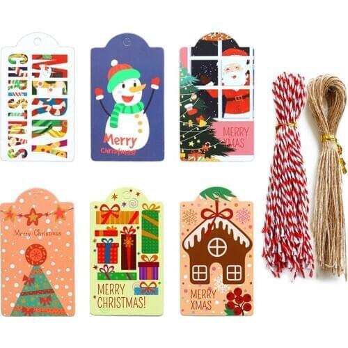 96sets Merry Christmas Gift Tags Santa Claus Snowman Hang Tags with Rope Xmas Party Decor Gift Packaging Labels Paper Cards