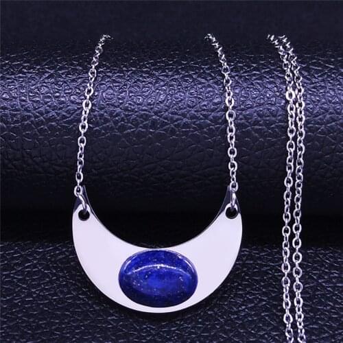 Boho Moon Stainless Steel Natural Stone Chain Necklace Wmen Silver Color Statement Necklace Bohemian Jewelry bijoux femme NXS04