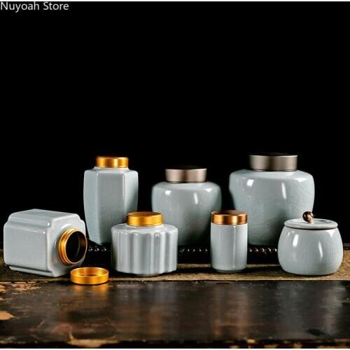 Household Round Ceramic Storage Jar Living Room Hexagonal Sealed Pot Square Tea Leaf Storage Box Decoration/Cereal Dispenser