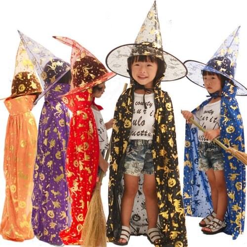 Halloween Costume Children Cloak And Hat Dress Suit Set Boys' Girls' Cosplay Gold-Plated Grim Reaper Witch Wizard Cloak