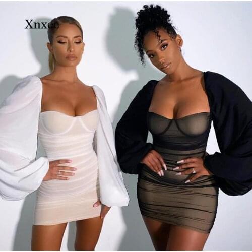 French Mesh Mini Pencil Dress Long Lantern Sleeve Spring Women Club Party Sexy Bodycon Strapless Sexy Backless Dresses Vestidos