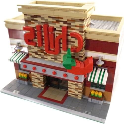 MOC-0203 Citys Classic Street View Series Chilli Restaurant Shop House Building Block Model Children DIY Toys Brithday Gifts