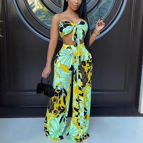 Pants Sets For Party for Women Sexy Outfits Crop Tops & Wide Leg Pant Printed Fashion Elegant Evening Night Club Matching Sets