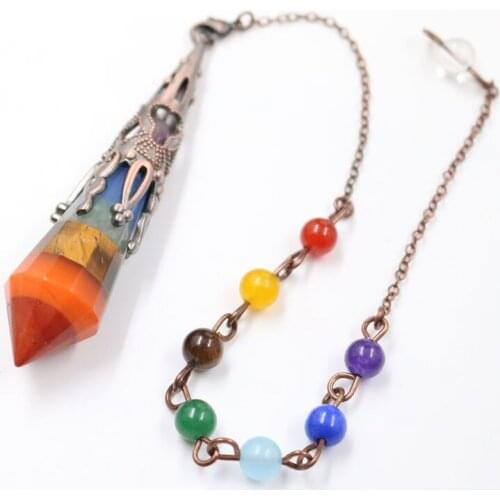 FYSL Copper Colorful Rainbow Stone Hexagon Prism Pendant with Small Beads Chain Healing Chakra Jewelry