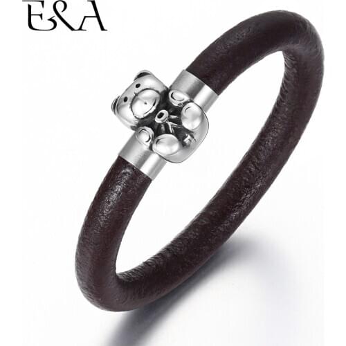 Unisex Cute Bracelet Genuine Leather with Stainless Steel Bear Clasp Handmade Girl Fashion Bangle for Women Jewelry Gift Kawaii