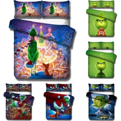 Cartoon Green Monster Grinch 3D Print Bedding Set Duvet Cover KING Queen Full Twin Size for Christmas Kids Adults Bedroom Decor