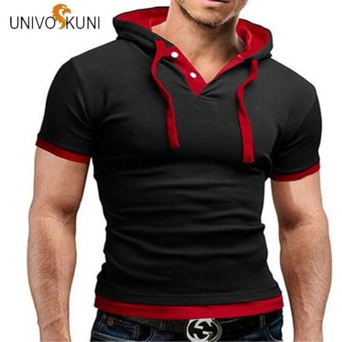 UNIVOS KUNI 2018 New Summer Mens Large Size Hooded Short Sleeve T Shirt Slim Fit Cotton Hit Color Men T Shirt 4XL 5XL J37