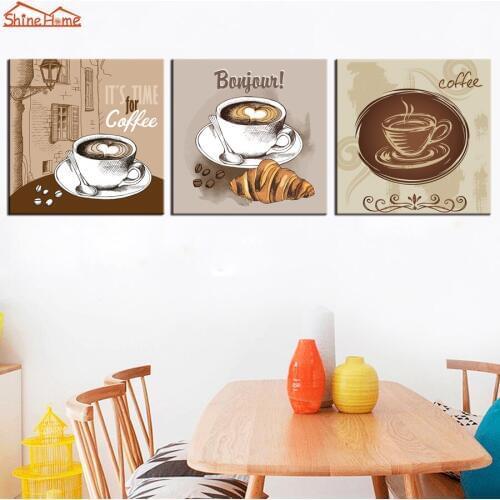 ShineHome-3pcs Wall Art Canvas Prints Oil Paintings Triptych Modular Coffee Bread Picture Cafe Hotel Restaurant Dining Room Deco