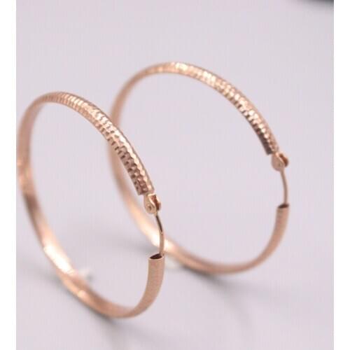 Real 18K Rose Gold Earrings 36x3mm Big Pattern Round Ear Hook About 3.16g For Woman
