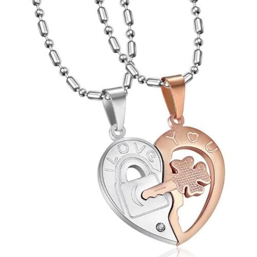 Stainless Steel Rose Gold Key Heart Lover Pendant Necklace Jigsaw Puzzle Girl Boy Friends Necklaces Jewellery Gift For Him