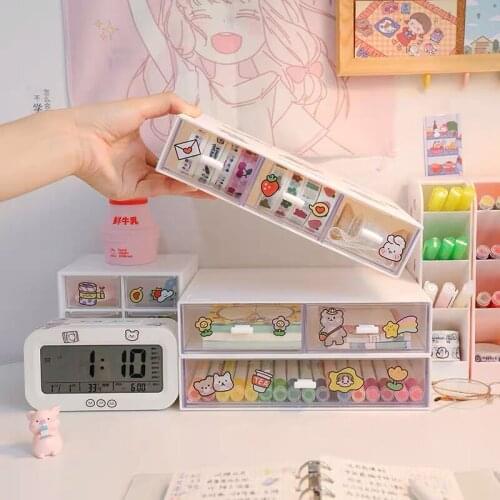 New Arrival ABS Drawer Desktop Organizer Desk Storage Box With 2pcs DIY Free Sticker School Stationery Accessories