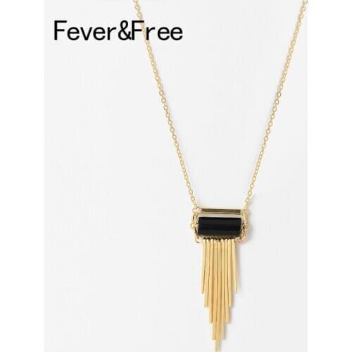 Fever&Free Bohemian Style Tassel Necklace Simulated Black Natural Stone Pendant Necklaces Collar Vintage Gold Necklaces Jewelry